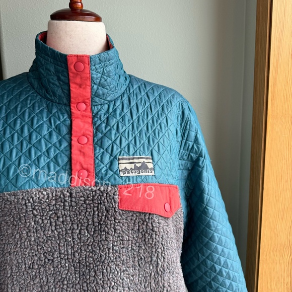 Patagonia Mixed Media Snap-T Pullover Large Crater Blue Sherpa Quilted Jacket L - Picture 2 of 16